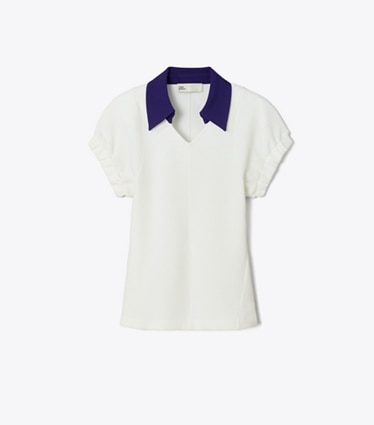 Tory Burch designer maglioni Polo in cotone e seta in White / Ballpoint Blue front