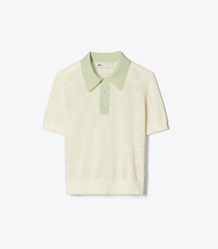 Tory Sport designer maglioni Polo in cotone traforato con logo in NEW IVORY / Light Peppermint front
