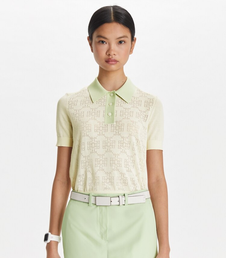Tory Sport designer maglioni Polo in cotone traforato con logo in NEW IVORY / Light Peppermint on model detail