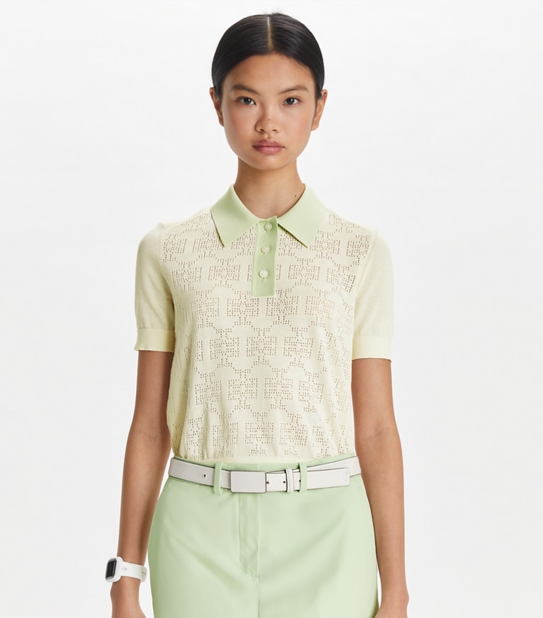 Tory Sport designer maglioni Polo in cotone traforato con logo in NEW IVORY / Light Peppermint front
