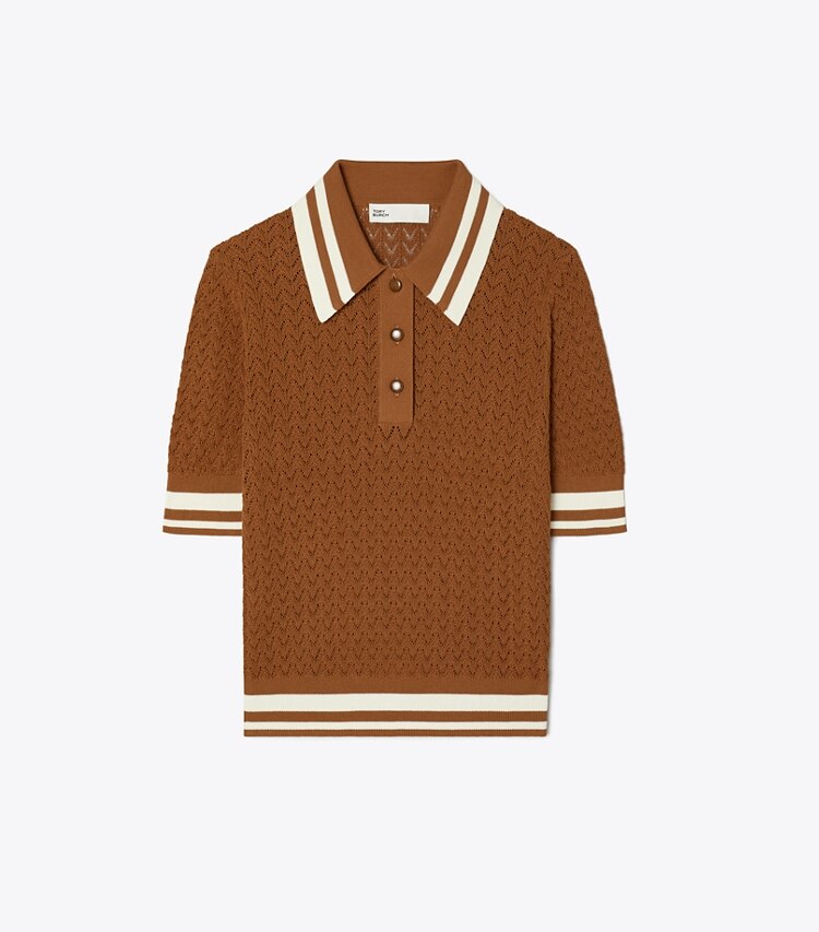 Tory Sport designer maglioni Polo in cotone traforato in Cinnamon Sugar / NEW IVORY front