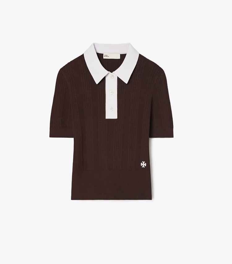 Tory Burch designer maglioni Polo in cotone traforato in Dark Winterberry / Pale Thistle front