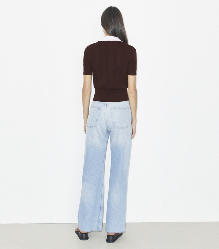 Tory Burch designer maglioni Polo in cotone traforato in Dark Winterberry / Pale Thistle front