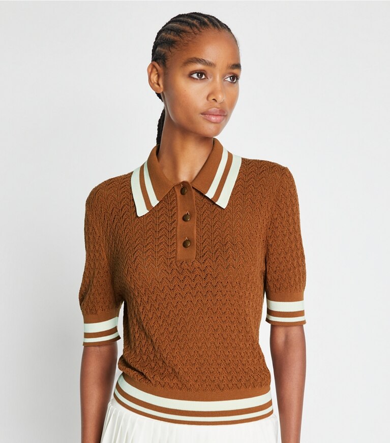 Tory Sport designer maglioni Polo in cotone traforato in Cinnamon Sugar / NEW IVORY front