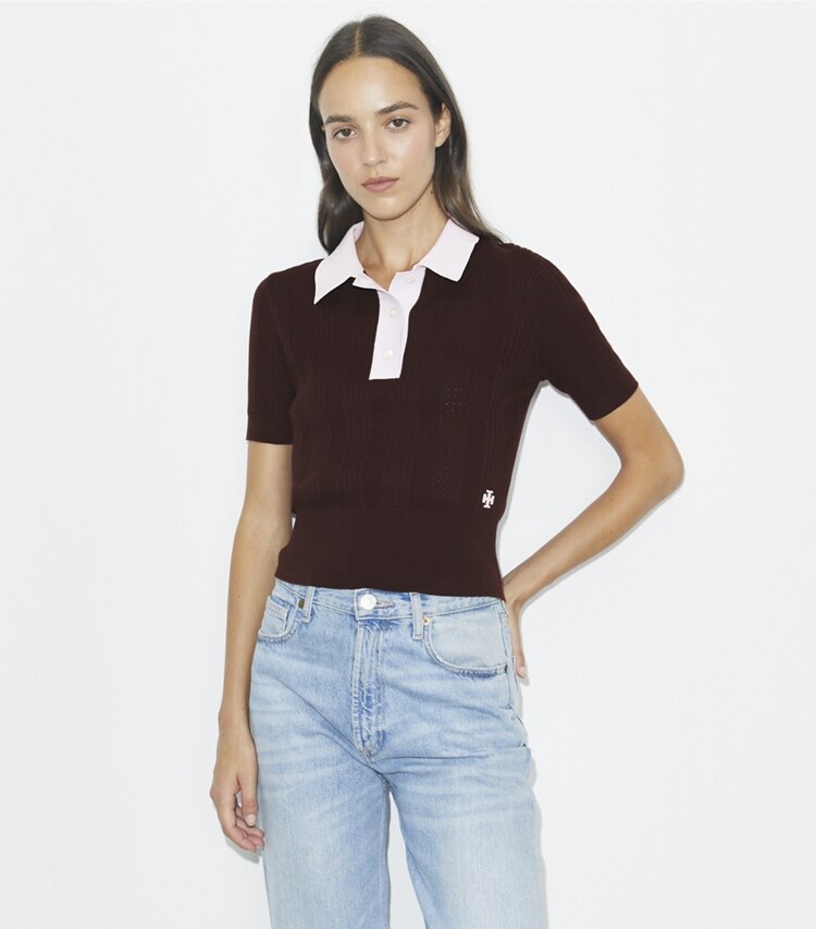 Tory Burch designer maglioni Polo in cotone traforato in Dark Winterberry / Pale Thistle on model detail