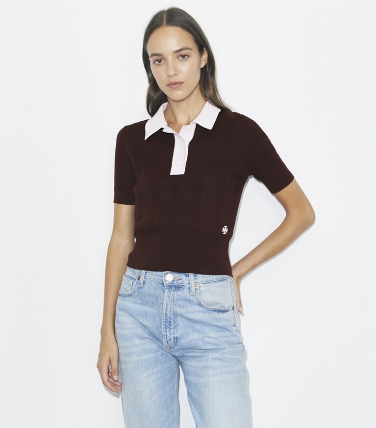 Tory Burch designer maglioni Polo in cotone traforato in Dark Winterberry / Pale Thistle front