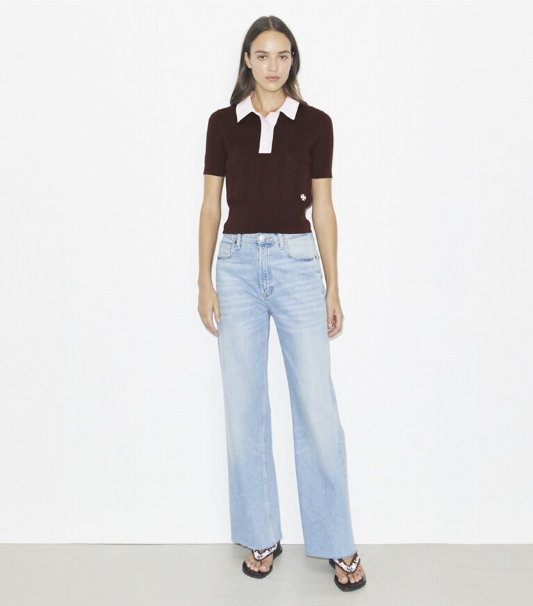Tory Burch designer maglioni Polo in cotone traforato in Dark Winterberry / Pale Thistle front