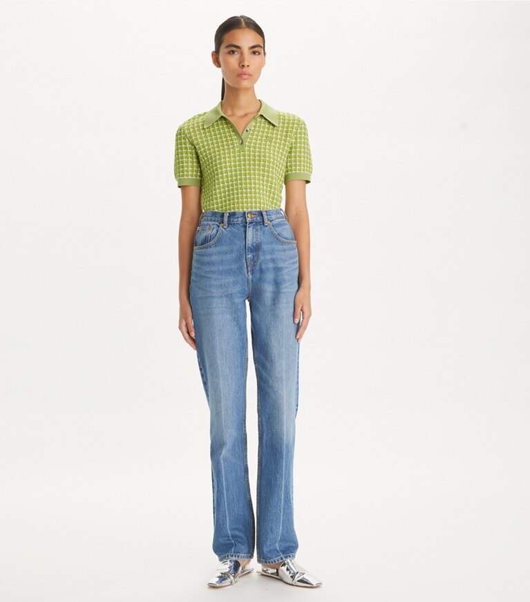 Tory Burch designer sweaters Polo jacquard in Dark Mint front