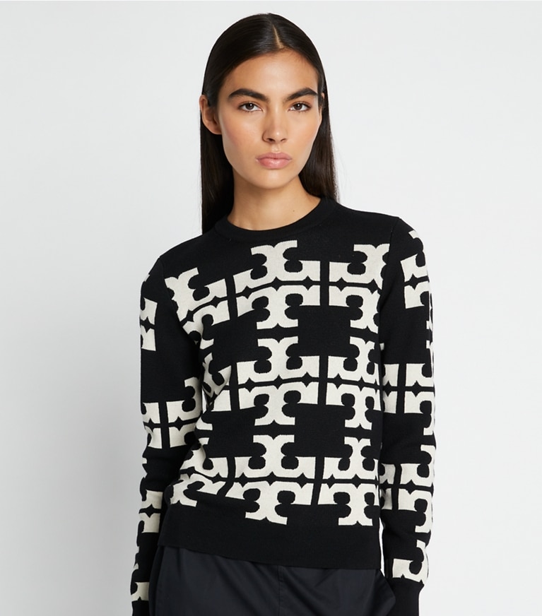 Tory Sport designer sweaters Polo logo en laine in Black T Logo Allover front