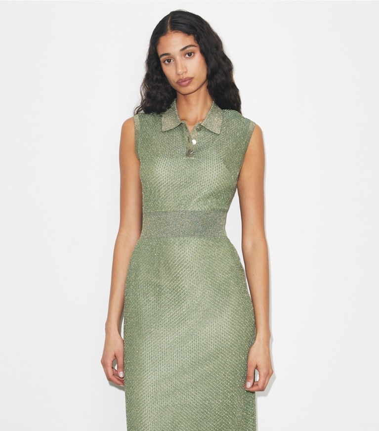 Tory Burch designer ワンピース メッシュ ポロドレス in Gold / Green on model detail