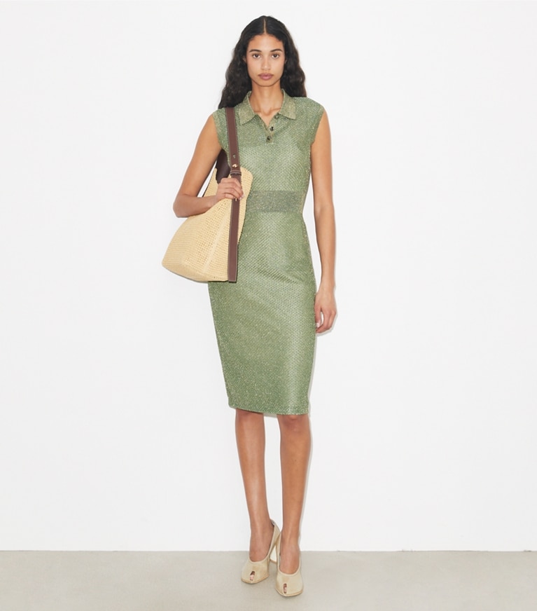 Tory Burch designer ワンピース メッシュ ポロドレス in Gold / Green モデル前面