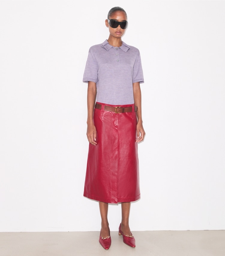 Tory Burch designer maglioni Polo oversize in seta in Purple parte anteriore su modella