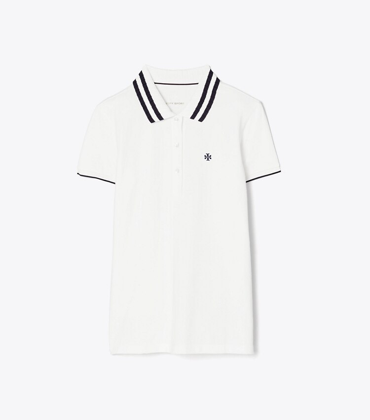 Tory Sport designer tops Polo Performance con collo plissettato in piqué in Snow White/Tory Navy front