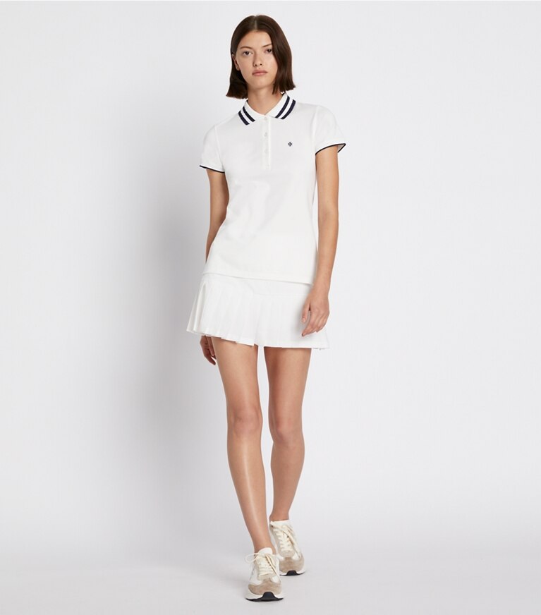 Tory Sport designer tops Polo Performance con collo plissettato in piqué in Snow White/Tory Navy front