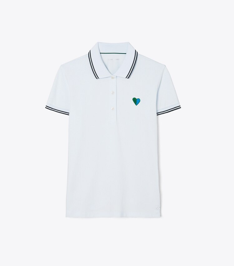 Tory Burch diseñador tops Polo Performance de piqué con corazones en Blue Silk / Blue Silk frontal