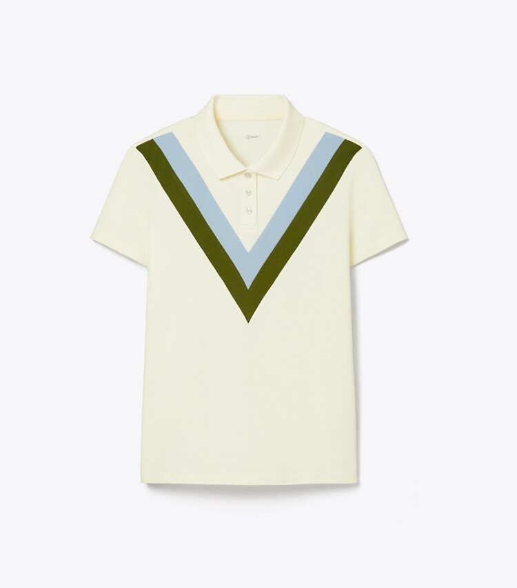 Tory Sport designer hauts Polo performance en piqué à chevrons dans NEW IVORY / Pesto de face