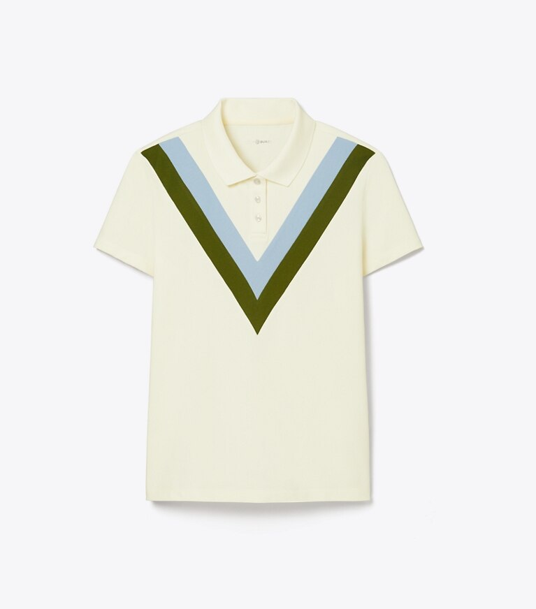 Tory Sport designer hauts Polo performance en piqué à chevrons dans NEW IVORY / Pesto de face