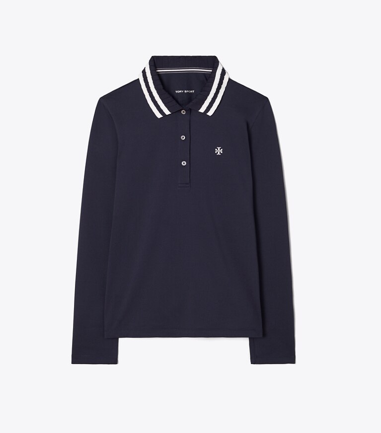 Tory Sport designer hauts Polo performance en piqué à manches longues dans Tory Navy / Snow White de face