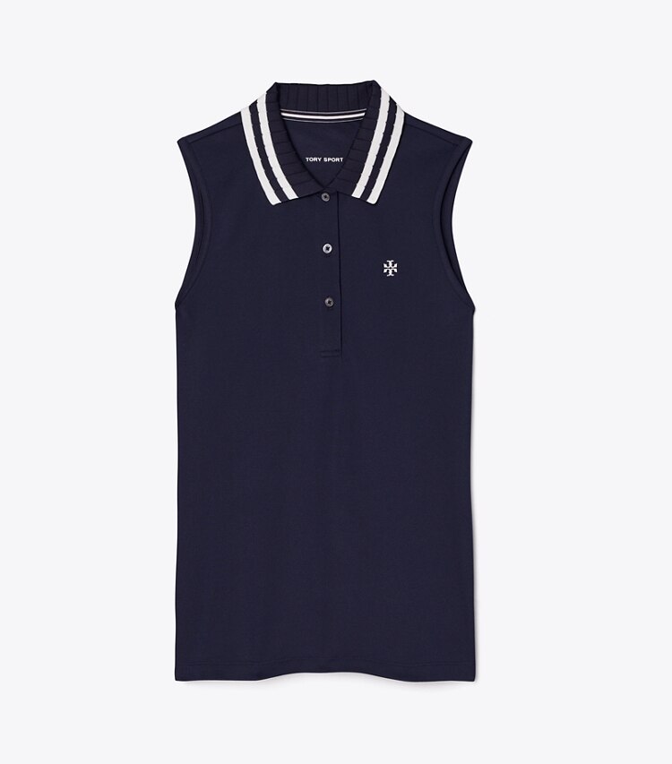 Tory Sport designer tops Polo Performance senza maniche con collo plissettato in piqué in Tory Navy/Snow White front