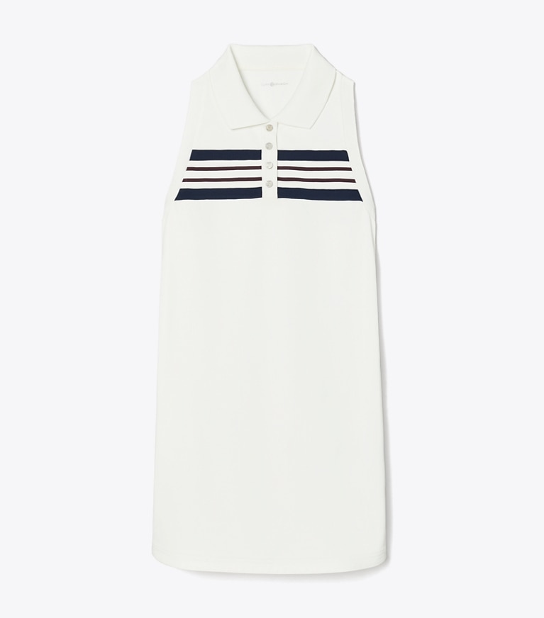 Tory Sport designer dresses Polo Piqué Tank Dress in Snow White / Tory Navy / Winetasting front