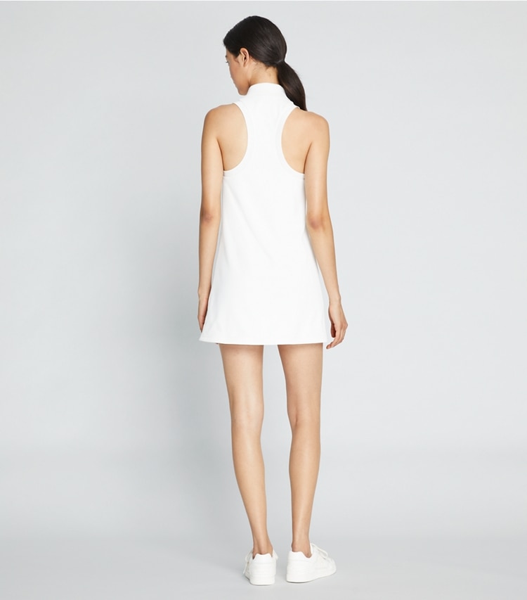 Tory Sport designer dresses Polo Piqué Tank Dress in Snow White / Tory Navy / Winetasting on model back