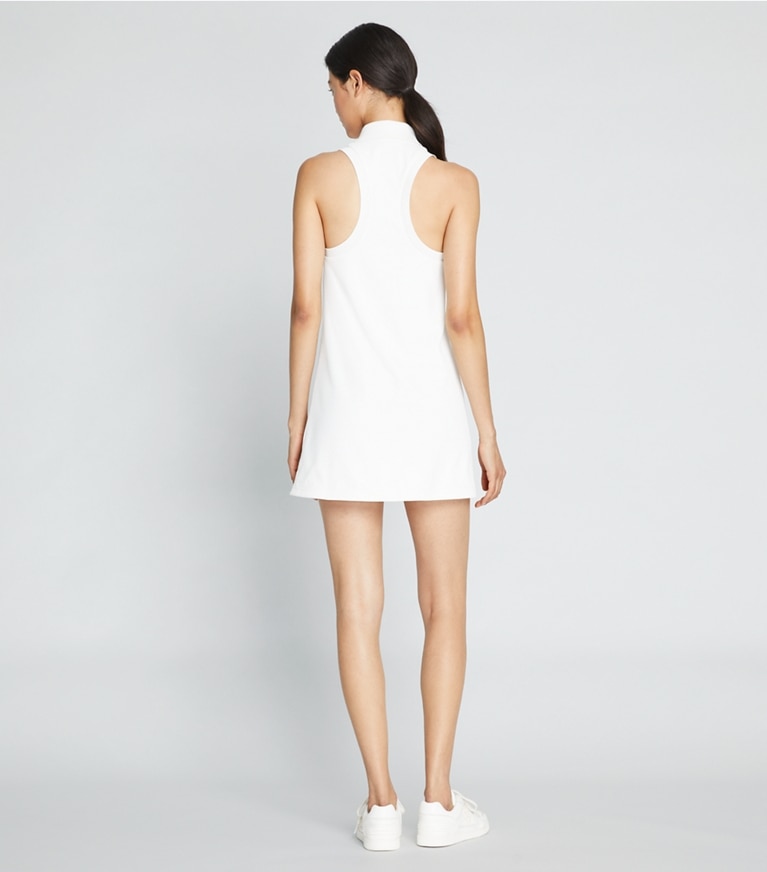 Tory Sport designer dresses Polo Piqué Tank Dress in Snow White / Tory Navy / Winetasting front