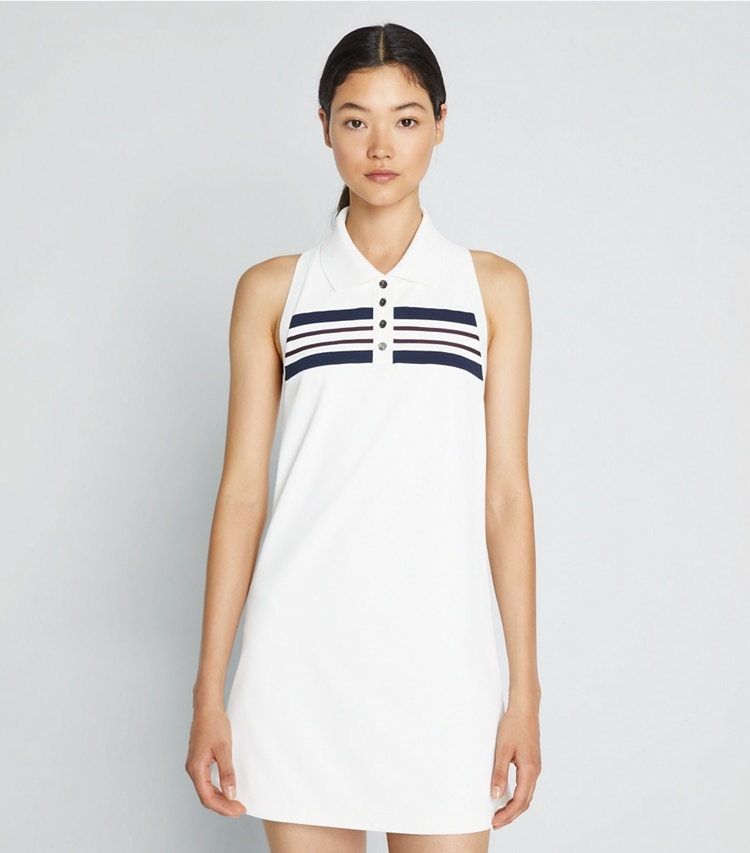 Tory Sport designer dresses Polo Piqué Tank Dress in Snow White / Tory Navy / Winetasting on model detail