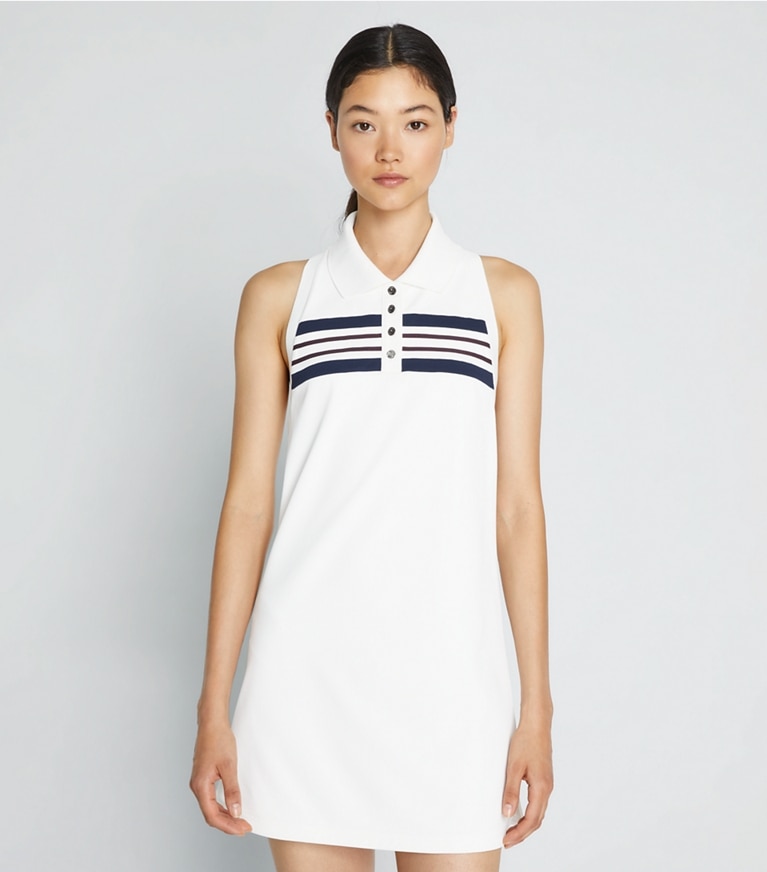 Tory Sport designer dresses Polo Piqué Tank Dress in Snow White / Tory Navy / Winetasting front