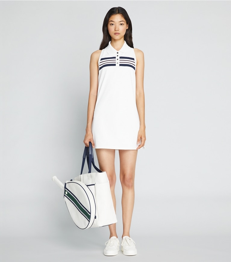Tory Sport designer dresses Polo Piqué Tank Dress in Snow White / Tory Navy / Winetasting front