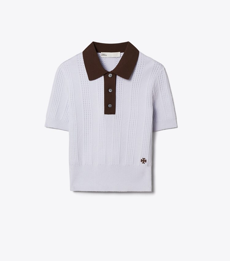 Tory Burch diseñador suéteres Polo pointelle de algodón en FLORAL FIELD BLUE / 70'S BOTANICAL BROWN frente