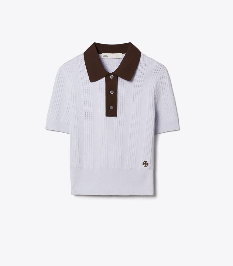 Tory Burch diseñador suéteres Polo pointelle de algodón en FLORAL FIELD BLUE / 70'S BOTANICAL BROWN frente