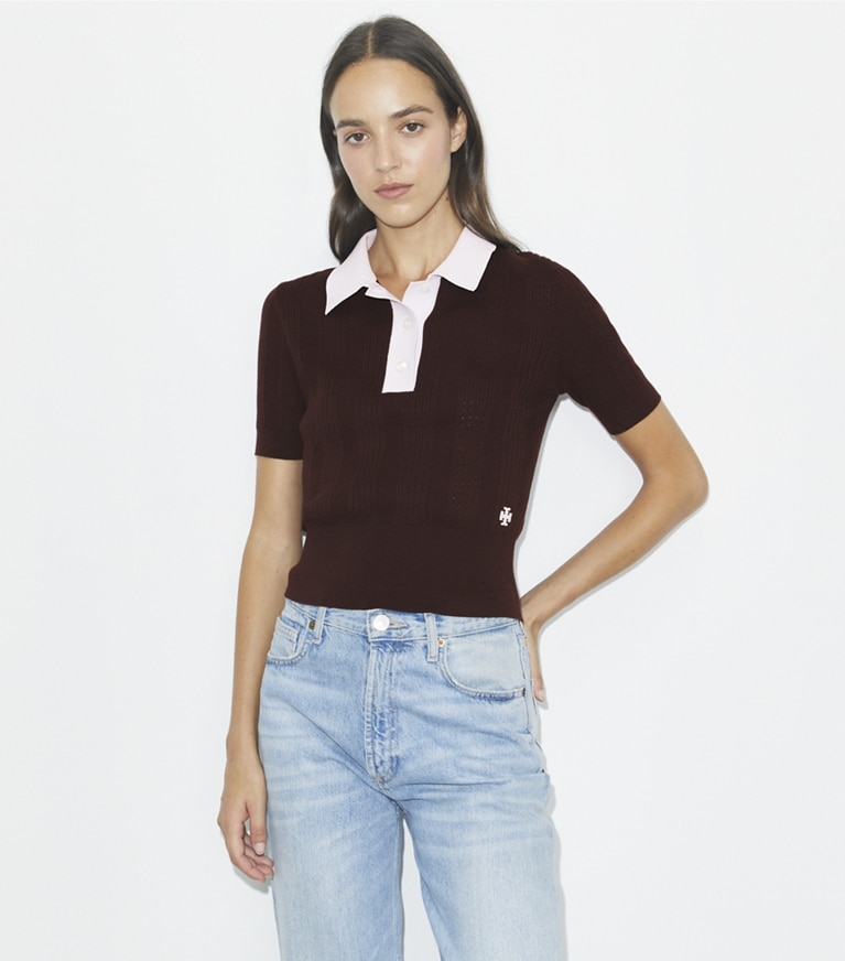 Tory Burch designer strickware Polo-Pullover aus Baumwolle mit Pointelle-Muster in Dark Winterberry / Pale Thistle front