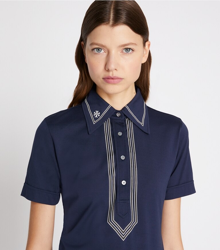 Tory Burch designer hauts Polo rétro en coton mercerisé dans Tory Navy détail sur modèle