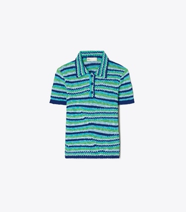 Tory Burch designer sweaters Polo rayé en coton in Ocean / Light  Blue / Green front