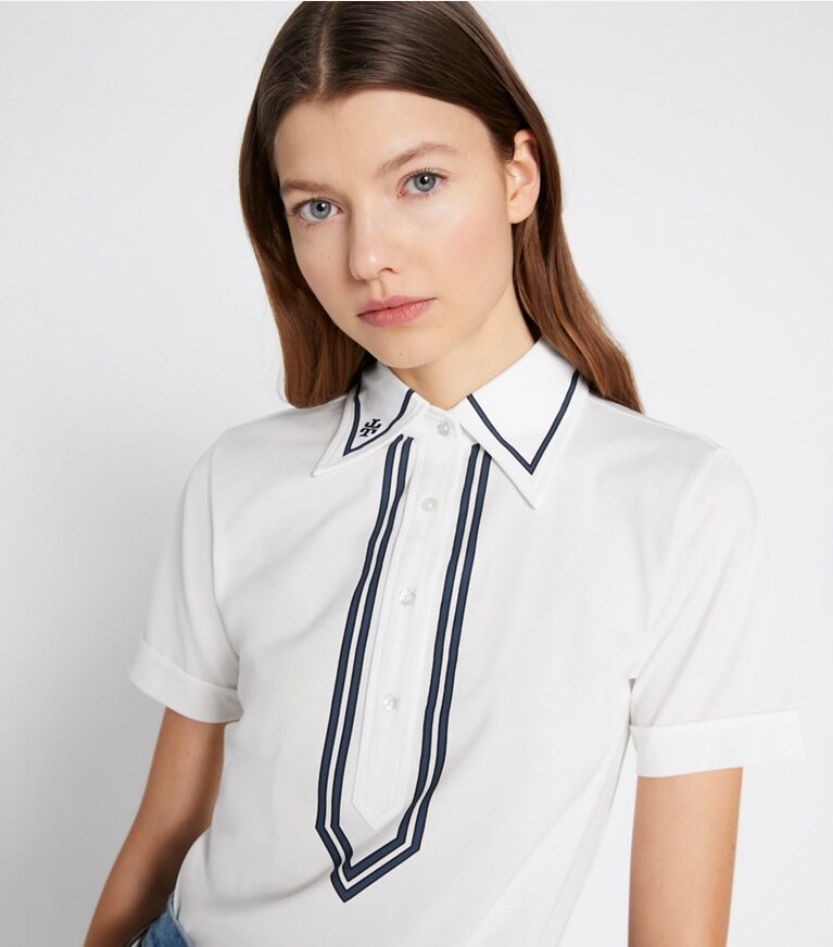 Tory Burch diseñador tops Polo retro de algodón mercerizado en Snow White detalle en modelo