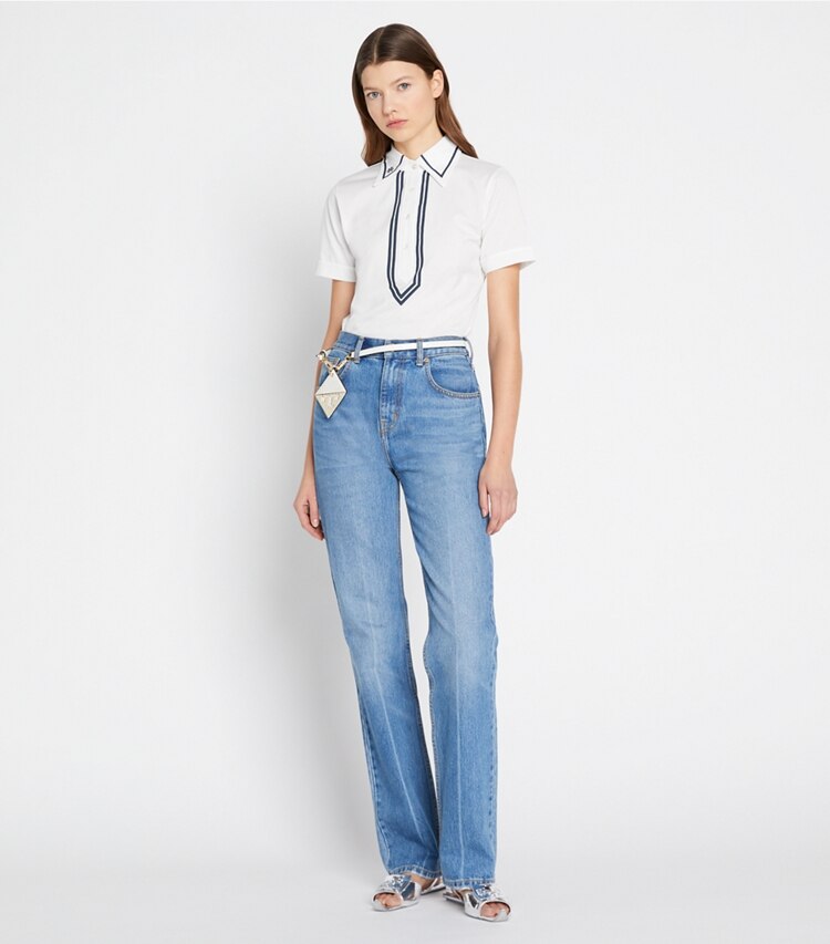 Tory Burch diseñador tops Polo retro de algodón mercerizado en Snow White frente en modelo
