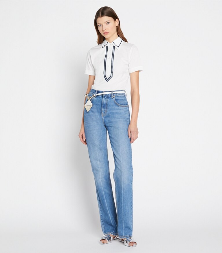 Tory Burch diseñador tops Polo retro de algodón mercerizado en Snow White frente en modelo