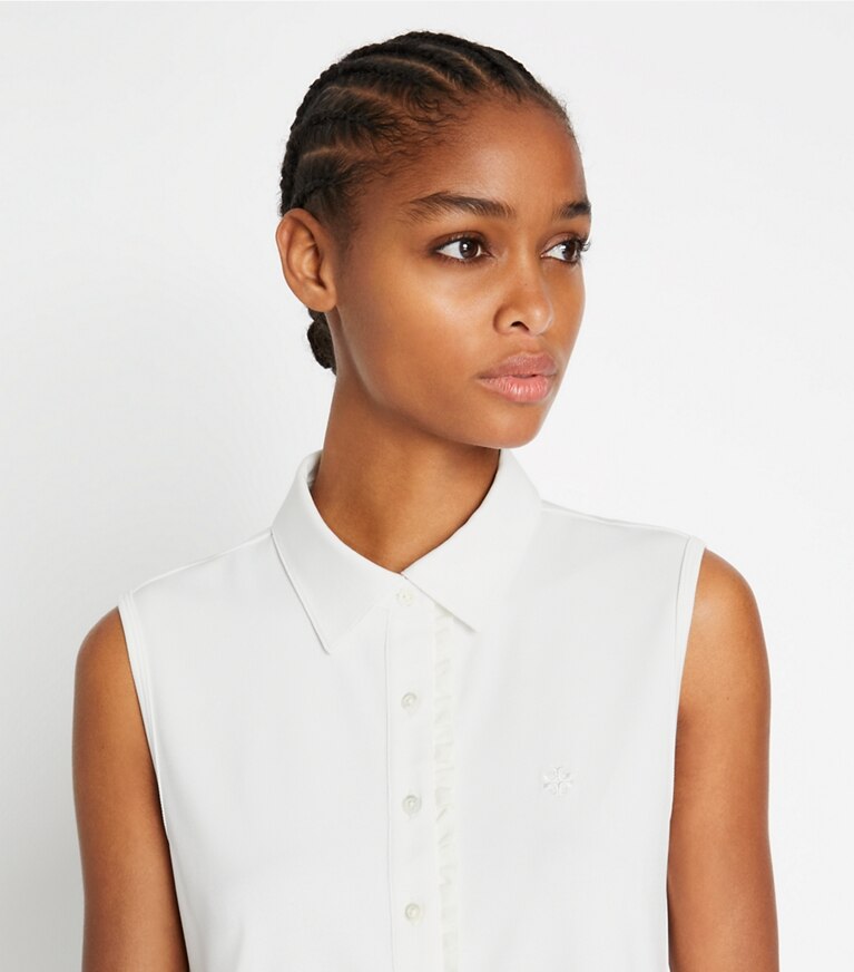 Tory Sport designer hauts Polo sans manches à volants en piqué technique in Snow White / Snow White front