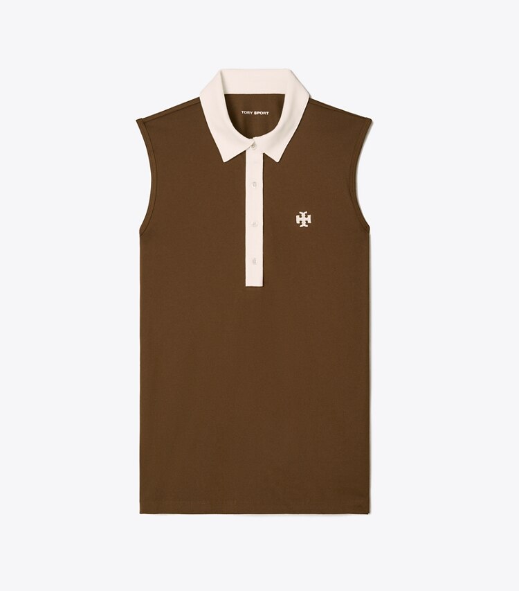 Tory Sport designer hauts Polo sans manches en piqué performance Color-Block in Dark Roast / NEW IVORY front