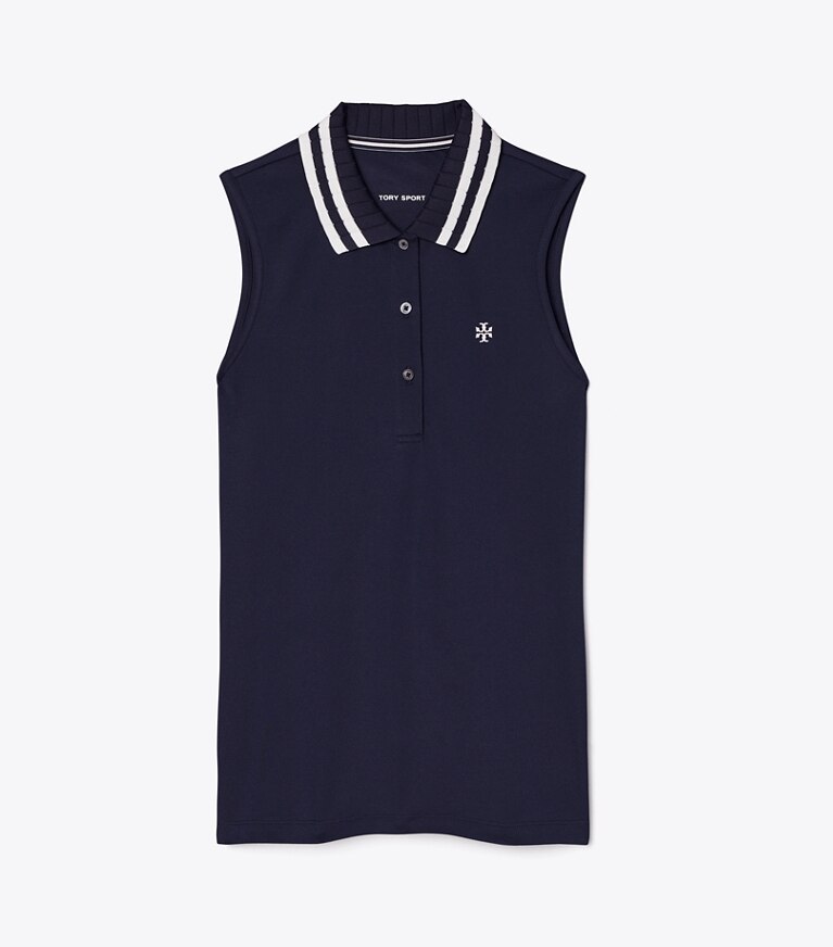 Tory Sport designer hauts Polo sans manches performance à col plissé piqué in Tory Navy/Snow White front