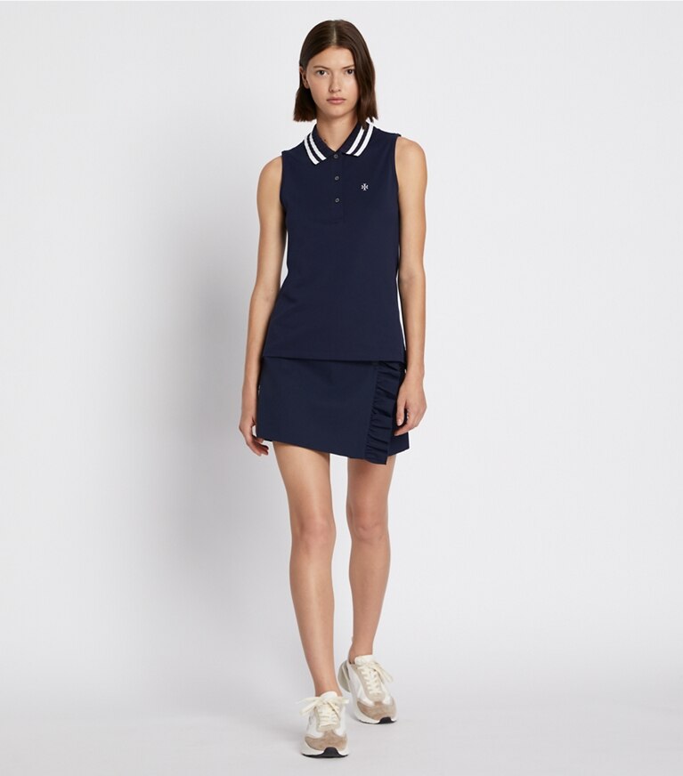 Tory Sport designer hauts Polo sans manches performance à col plissé piqué in Tory Navy/Snow White front