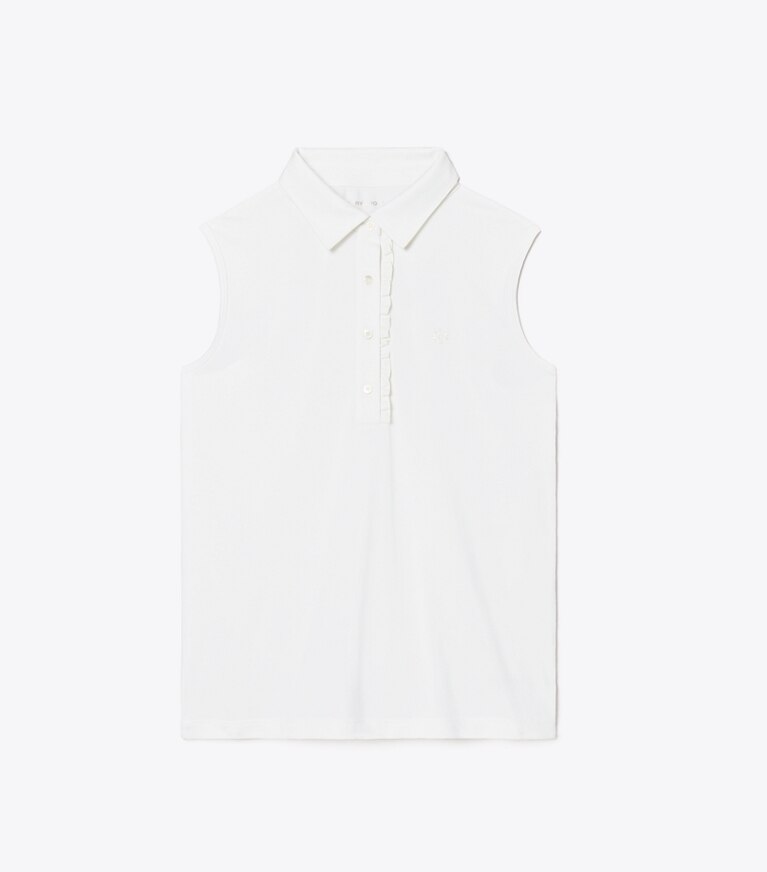 Tory Sport diseñador tops Polo sin mangas de piqué técnico con volantes en Snow White / Snow White frontal