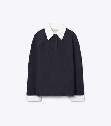 Tory Burch designer tops Polo stile rugby in lana in Frosted Navy/Ivory front
