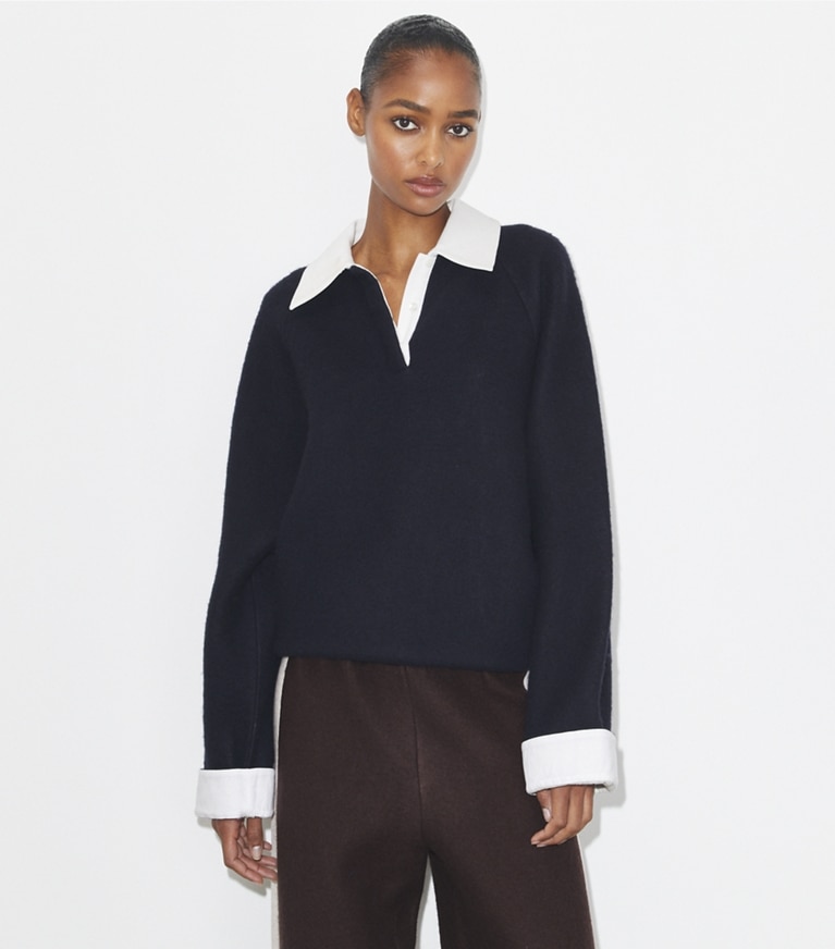 Tory Burch designer tops Polo stile rugby in lana in Frosted Navy/Ivory front