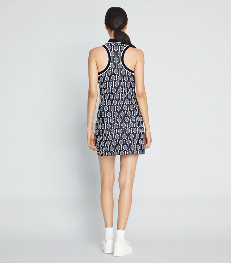 Tory Sport designer kleider Polokleid aus Funktionsstrick mit Tanktop in Tory Navy Racquets on model back
