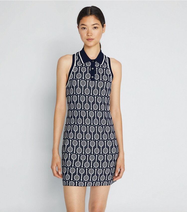 Tory Sport designer kleider Polokleid aus Funktionsstrick mit Tanktop in Tory Navy Racquets on model detail