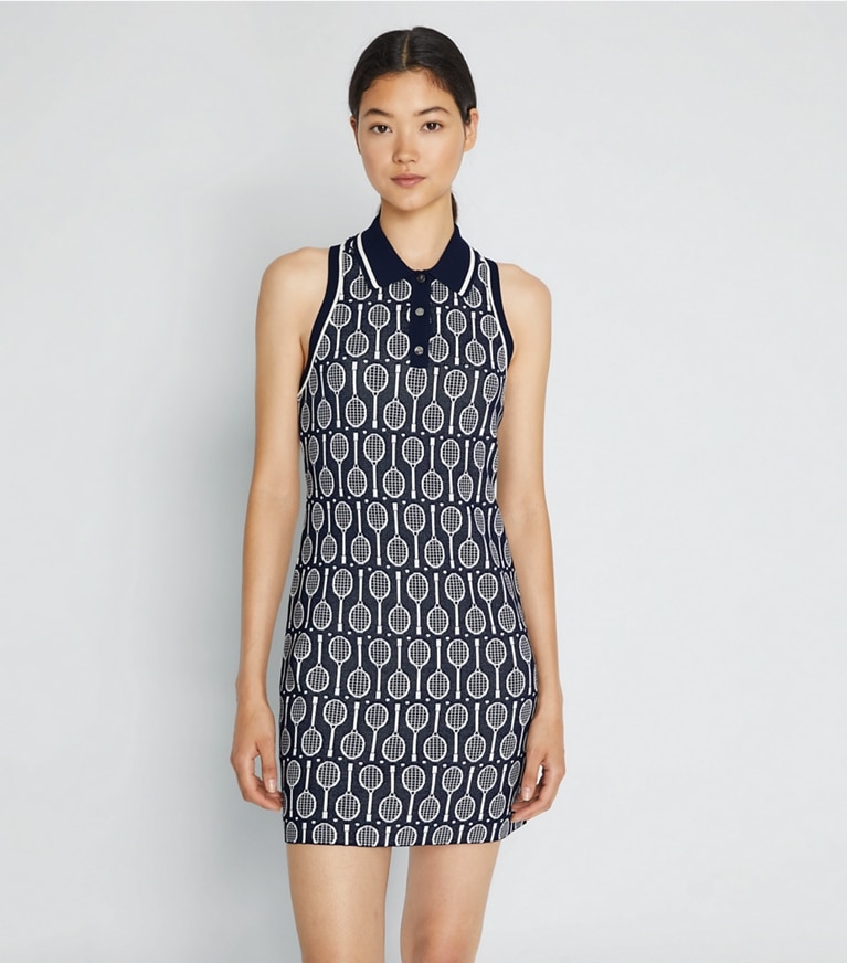 Tory Sport designer kleider Polokleid aus Funktionsstrick mit Tanktop in Tory Navy Racquets front