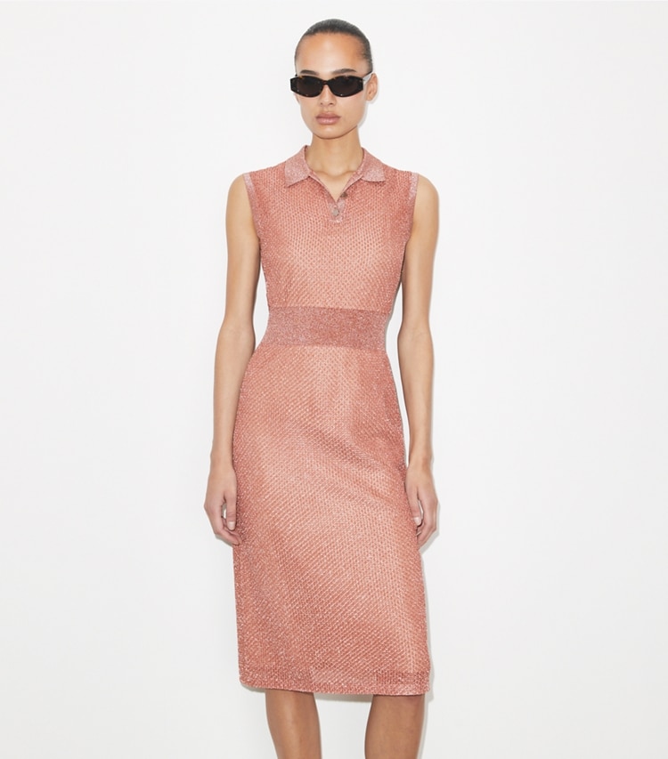 Tory Burch designer kleider Polokleid aus Mesh in Copper / Soft Pink on model detail