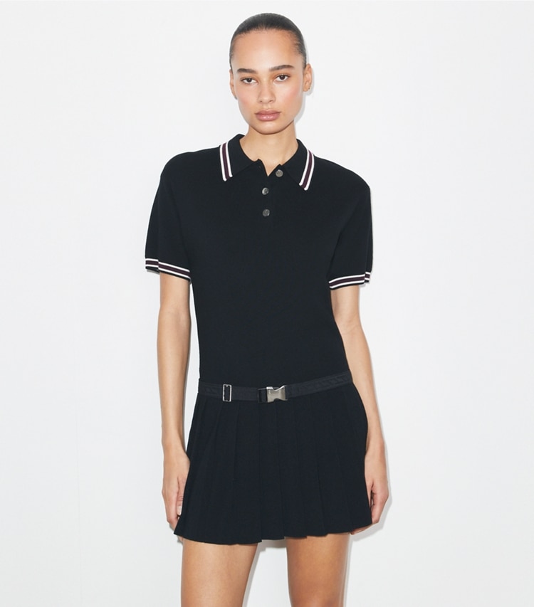 Tory Burch designer kleider Polokleid aus Wolle mit Falten in Black on model detail