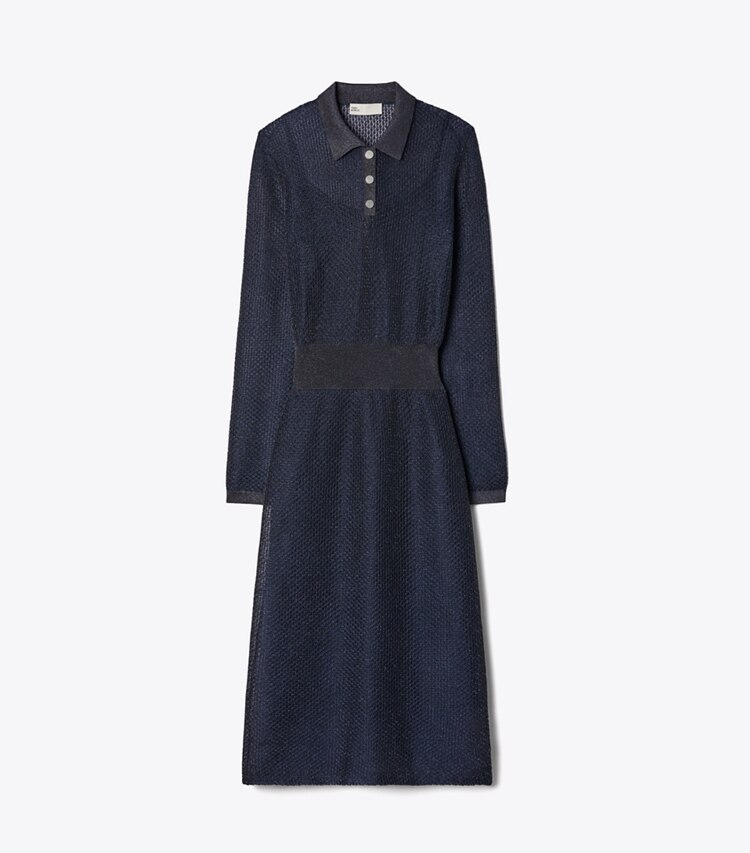 Tory Burch designer kleider Polokleid in Metallic-Optik in Black / Blue Shimmer front